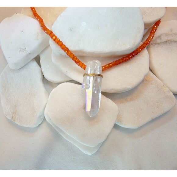 Natural Angel Aura Crystal Quartz Point  Orange Zircon Gold Fill Necklace - Picture 3 of 6